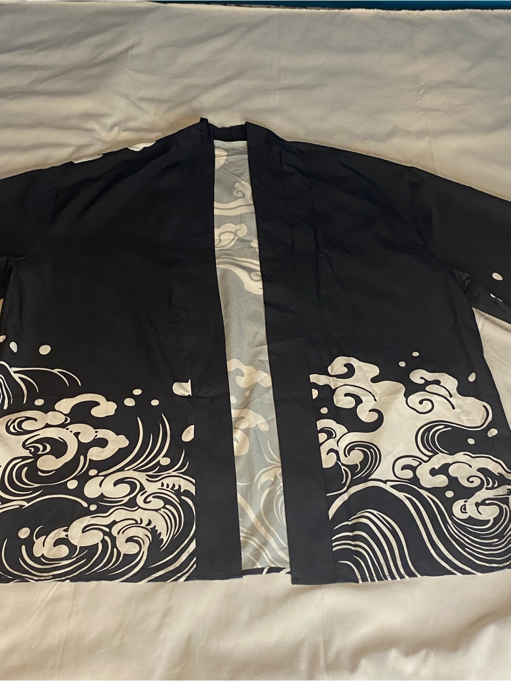 Black Kimono-Style Jacket with White Wave Print